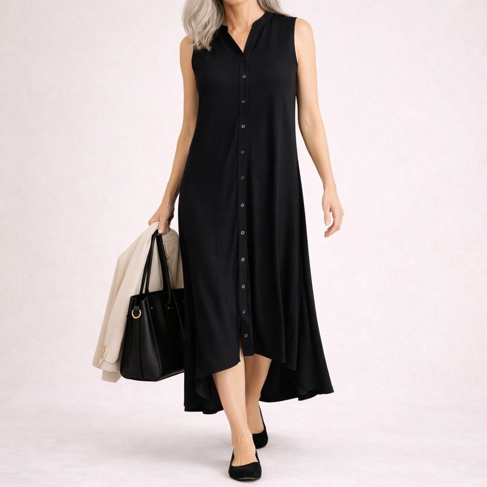 Eileen Fisher Black Button Front‎ Maxi Dress Sheer Quiet Luxury S Minimaliat